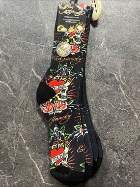 Ed Hardy Black Crew Socks with Red Heart & Green Rose Tattoo Graphics